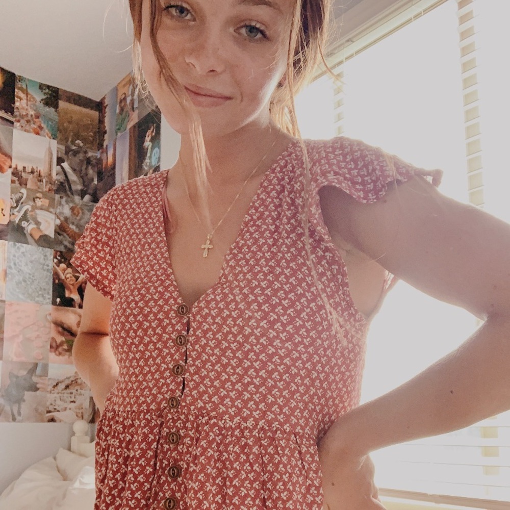 pinky red flowery flare shortsleeve dress